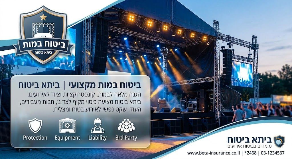 צילום מסך של כרטיס פרסומי המציע ביטוח بمות מקצועי. רקע הכרטיס מציג בימת הופעות מוארת באורות כחולים וזהובים. הכותרת הראשית בעברית (חלקית) אומרת: 'ביטוח במות מקצועי', וטקסט נוסף מפרט הגנה מלאה לבמות וקונסטרוקציות, וכי הביטוח מציע שקט נפשי לאירוע בטוח (הטקסט חתוך בחלקו). ישנם אייקונים לעובד בקסדה (מעל המילה Liability) וקבוצת אנשים (מעל המילה 3rd Party), וכן כתובת אתר חלקית www.beta-insurance... . כותרת חתוכה נוספת מופיעה למעלה.
