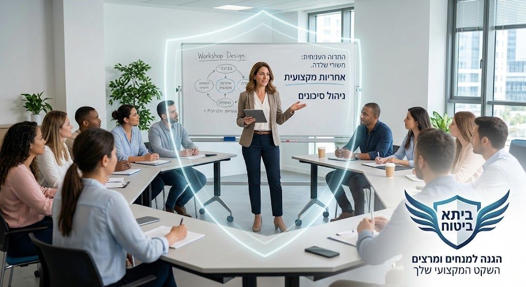 מנחה עומד מול קבוצת משתתפים במהלך סדנה מקצועית, שירות ביטוח מנחים בהתאמה אישית של חברת ביתא ביטוח.