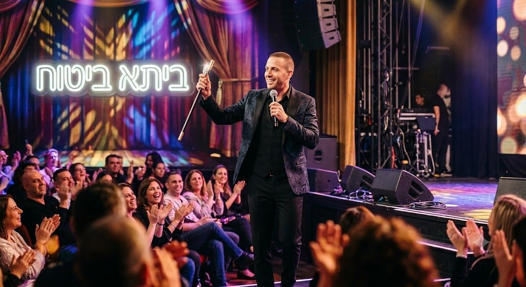 בדרן מופיע עם מיקרופון על במה מול קהל מריע - ביתא ביטוח בדרנים