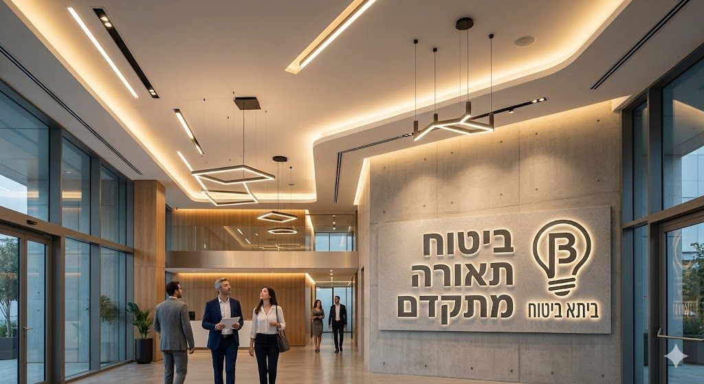 שלט מואר עם הכיתוב ביטוח תאורה מתקדם בתוך לובי משרדים מודרני, הכולל גופי תאורה דקורטיביים תלויים מהתקרה ואנשי עסקים ברקע.