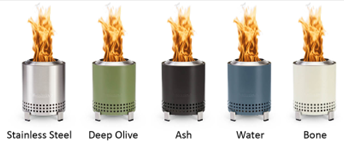 Five tabletop fire pit units in stainless steel