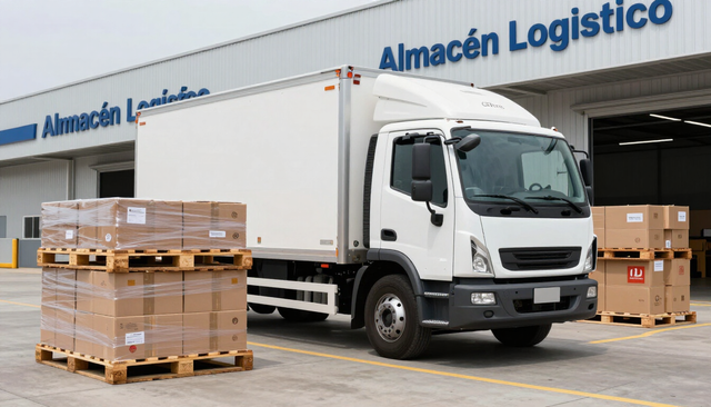 Camión de reparto blanco en un almacén logístico con palés y cajas apiladas cerca del muelle de carga.