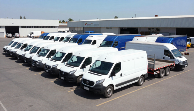 Fila de furgonetas y camiones de reparto blancos estacionados en un aparcamiento junto a un almacén.