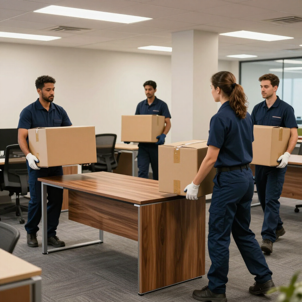 Cuatro empleados de oficina transportan cajas de cartón mientras mueven escritorios en una sala de conferencias.