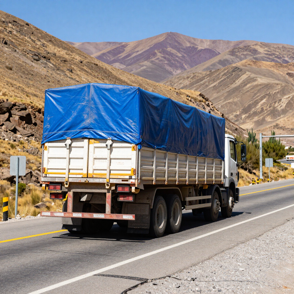 Camión de carga blanco con una lona azul circulando por una carretera de montaña desértica.