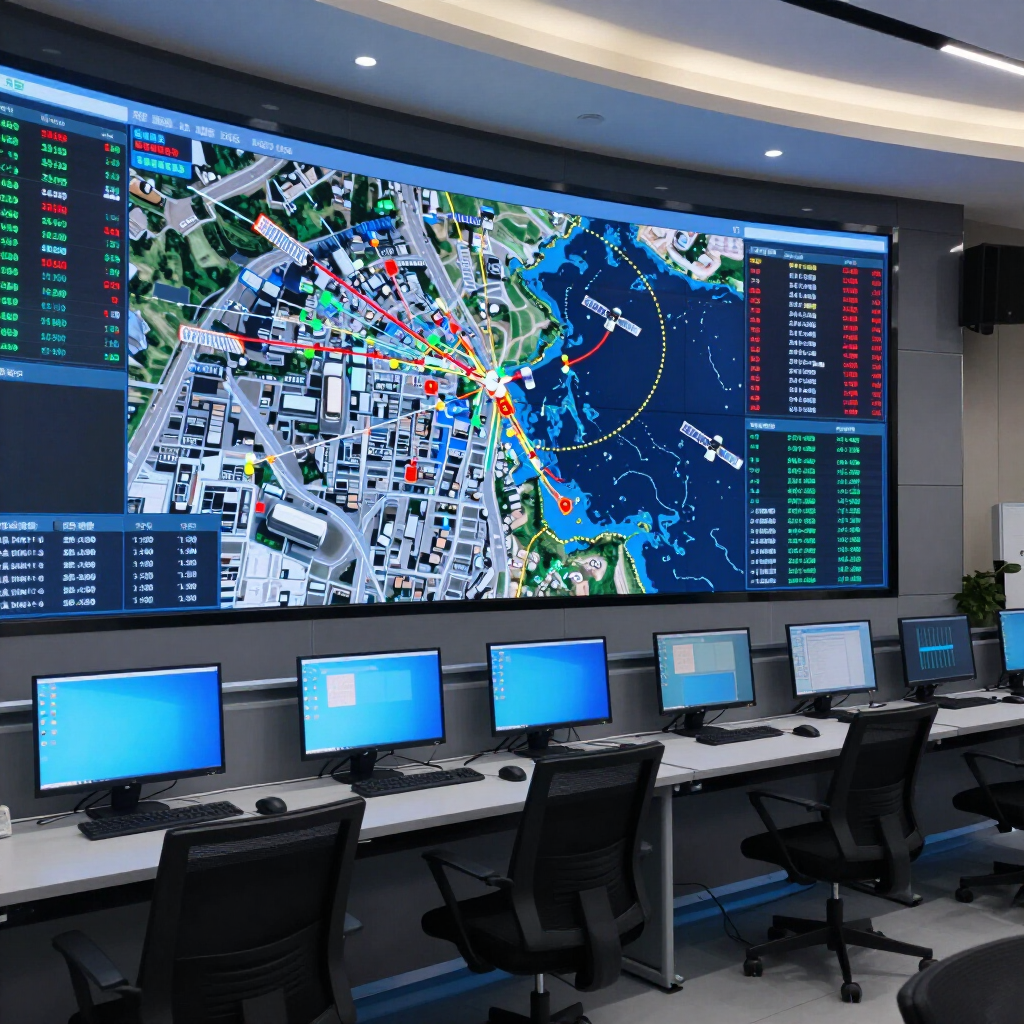 Sala de control con múltiples monitores y una gran pantalla mural que muestra un mapa de la ciudad y paneles de datos.