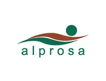 Logotipo de Alprosa con texto verde, franja marrón y punto verde sobre fondo blanco.