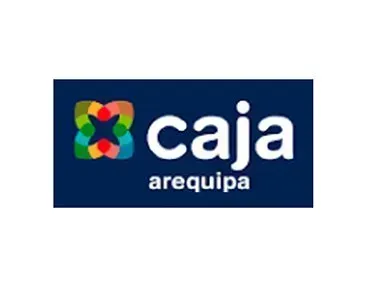 Logotipo de Caja Arequipa sobre un fondo azul oscuro con un icono colorido en forma de flor y texto blanco.