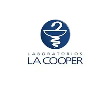 Logotipo de Laboratorios La Cooper con recipiente médico azul y símbolo de serpiente