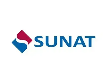 Logotipo de SUNAT con icono geométrico azul y magenta y texto azul sobre fondo blanco.