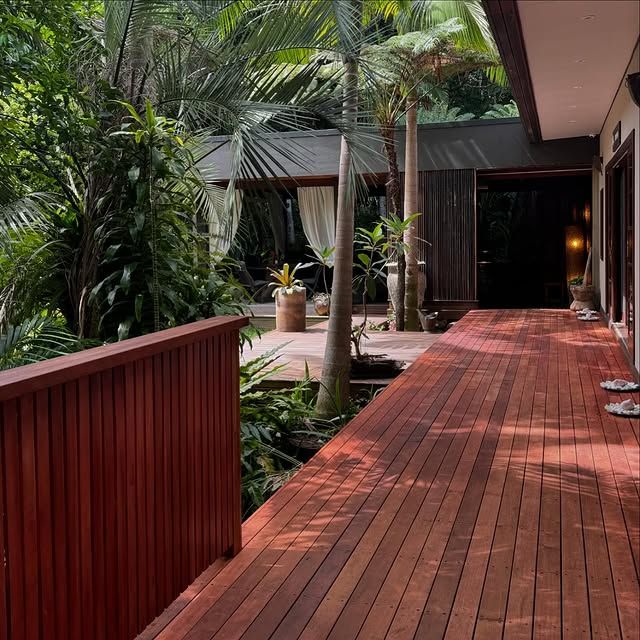 A Wooden Deck Leading to a House With Palm Trees — Bloomscapes in Ballina NSW