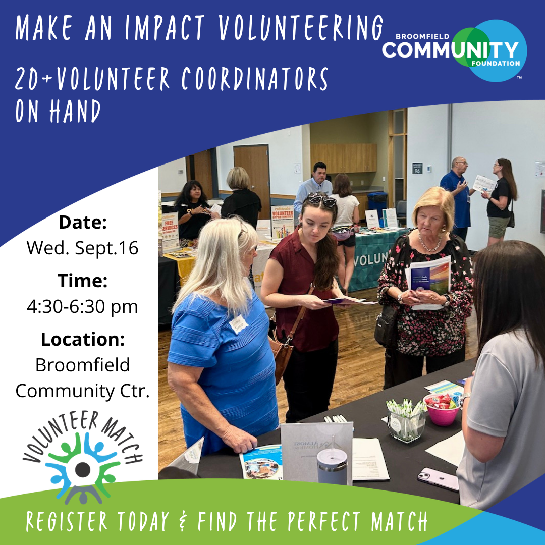 2026 Volunteer Match flyer: Wednesday, Sept. 16, 4:30 to 6:30 pm at the Broomfield Community Center, with 20+ volunteer coordinators on hand