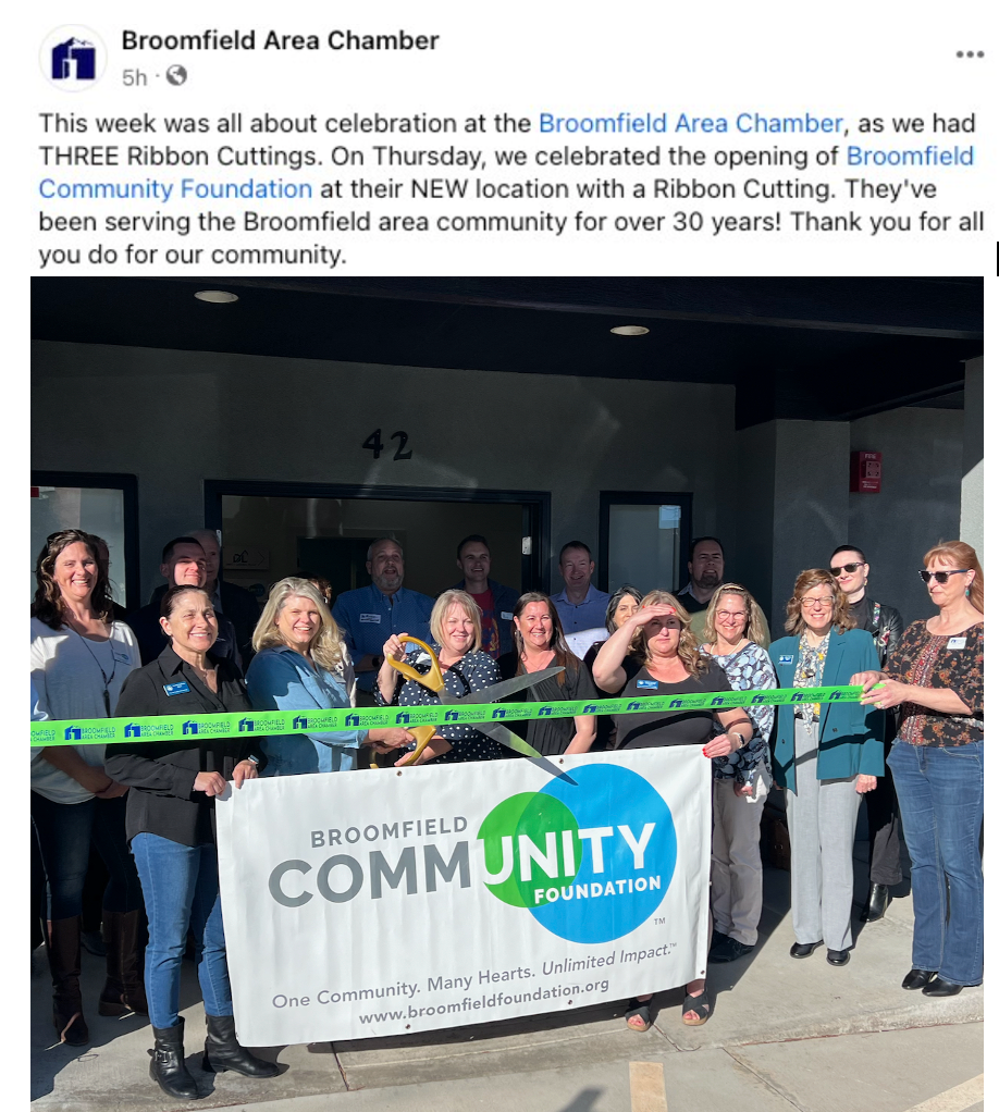 Broomfield Area Chamber post celebrating the ribbon cutting at the Broomfield Community Foundation's new office