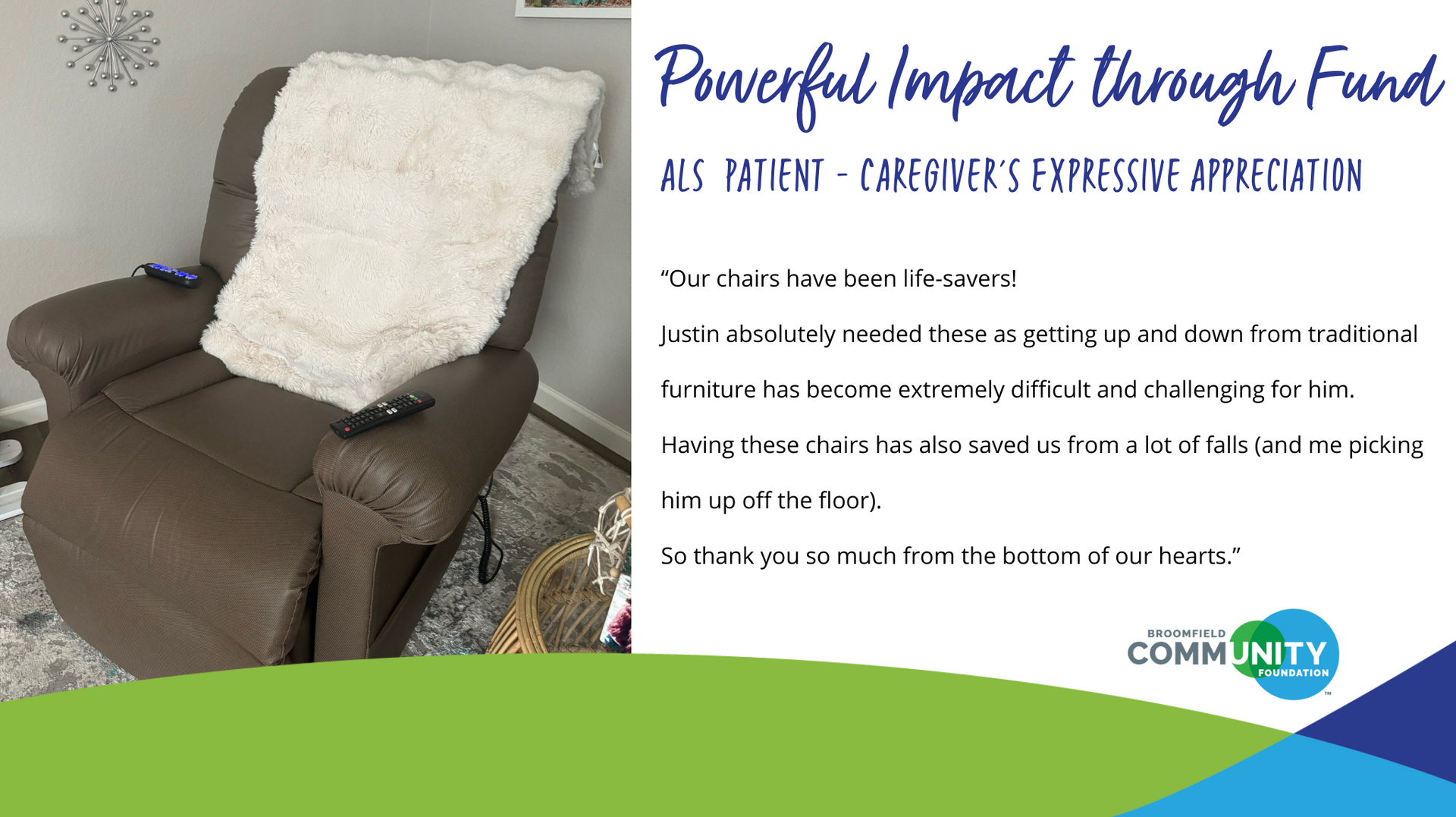 Powerful Impact through Fund: an ALS patient's caregiver thanks donors for lift chairs from the Leonard Rudolph Fund