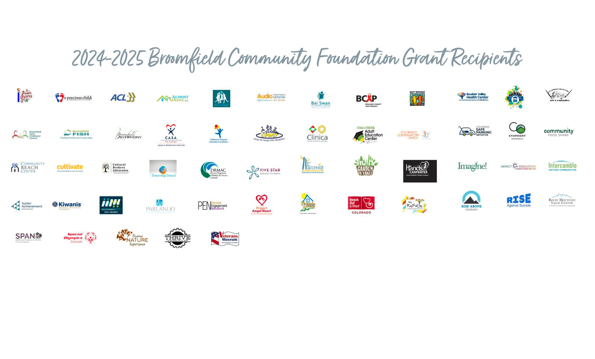 Logos of the 2024–2025 Broomfield Community Foundation grant recipients