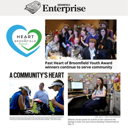 Broomfield Enterprise clipping: past Heart of Broomfield Youth Award winners continue to serve community