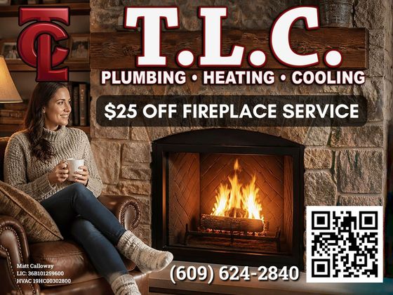 T.L.C. fireplace service ad with lit fireplace, woman seated by hearth, QR code, and phone number