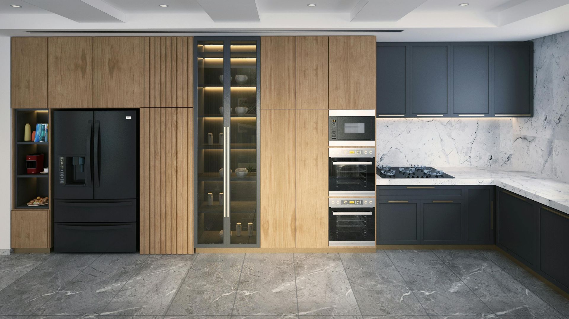 Modern kitchen with black appliances, wood and gray cabinets, and marble backsplash.