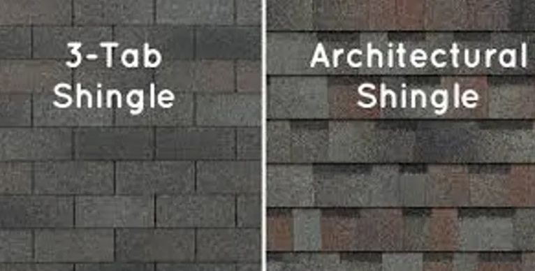 A picture of a 3 tab shingle and an architectural shingle.