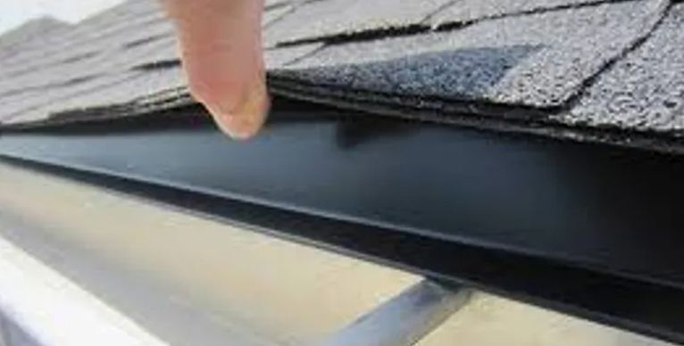 A person is pointing at a gutter on a roof.