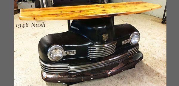 A table made out of the front of a 1946 nash car