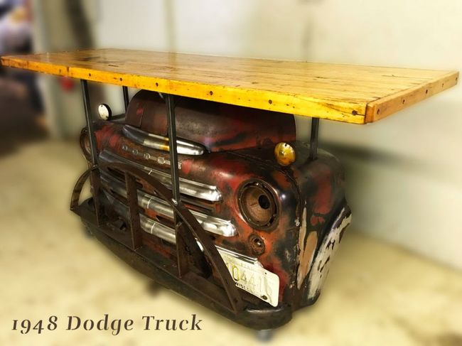 A table made out of the front of a 1948 dodge truck
