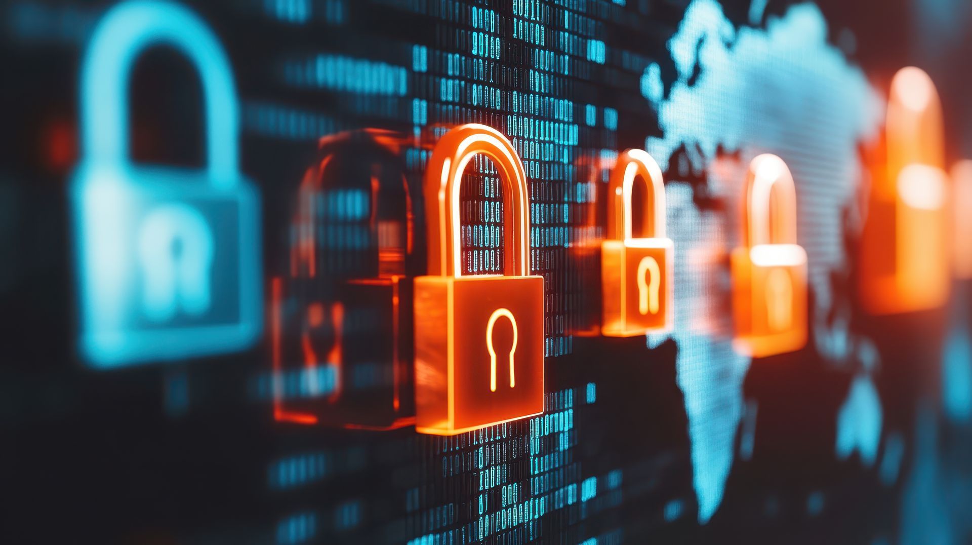Glowing orange padlocks on a screen with binary code and a world map, representing cybersecurity.