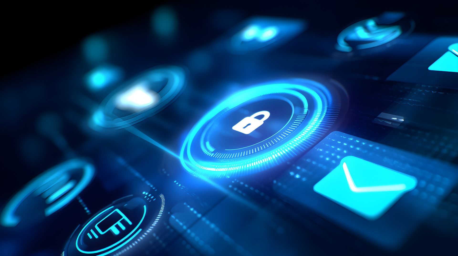 Glowing blue digital interface with a padlock icon, suggesting cybersecurity and data protection.
