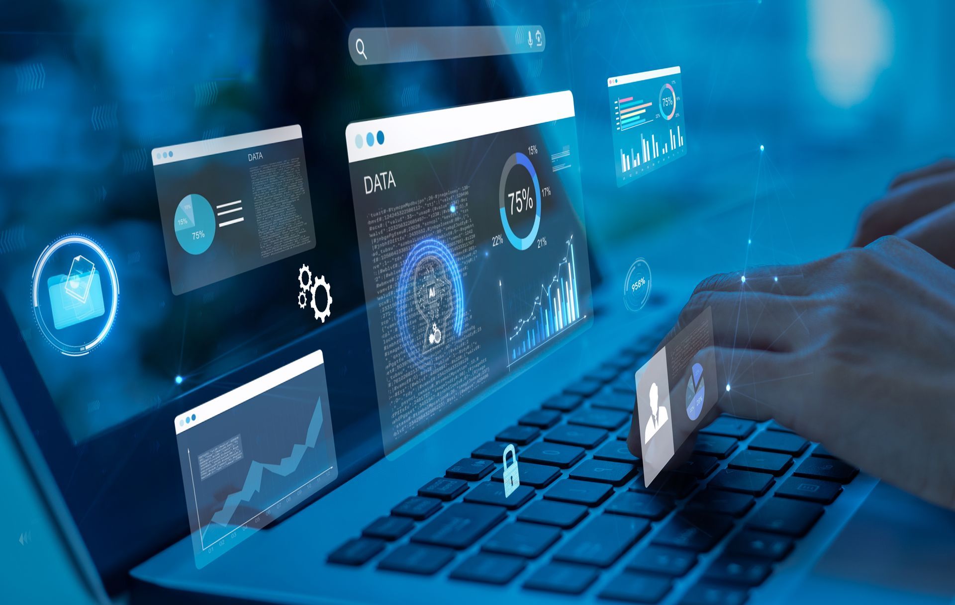 Hands typing on a laptop with overlaid data visualizations and digital interface elements.