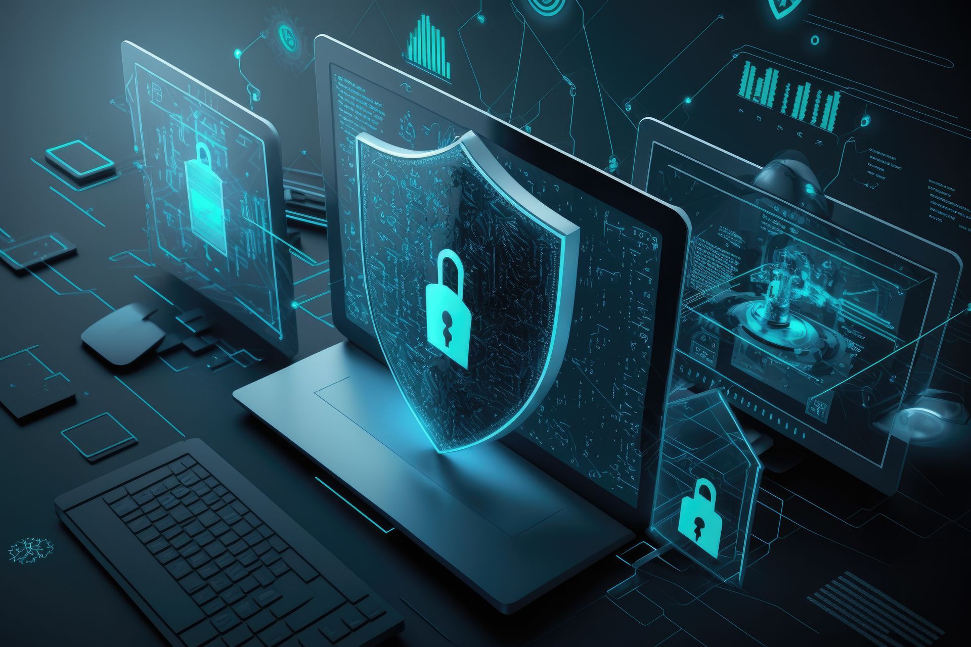 Glowing blue digital security concept featuring a laptop, shields, and padlocks.
