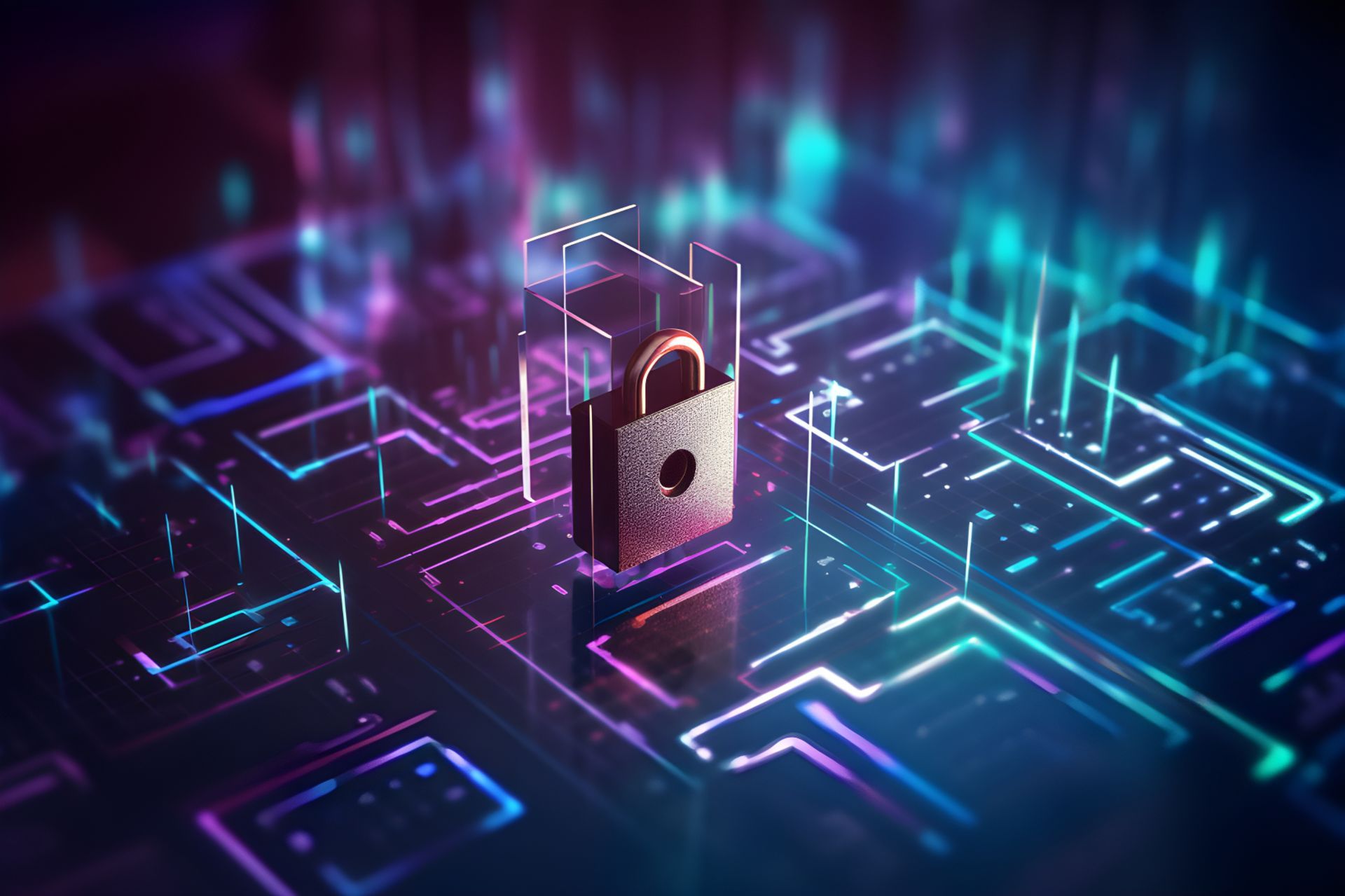 Lock icon surrounded by digital circuitry, illustrating cybersecurity.