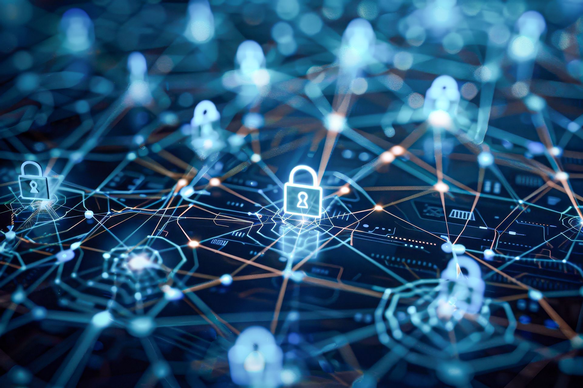 Network of glowing padlocks connected by lines, symbolizing cybersecurity and data protection.