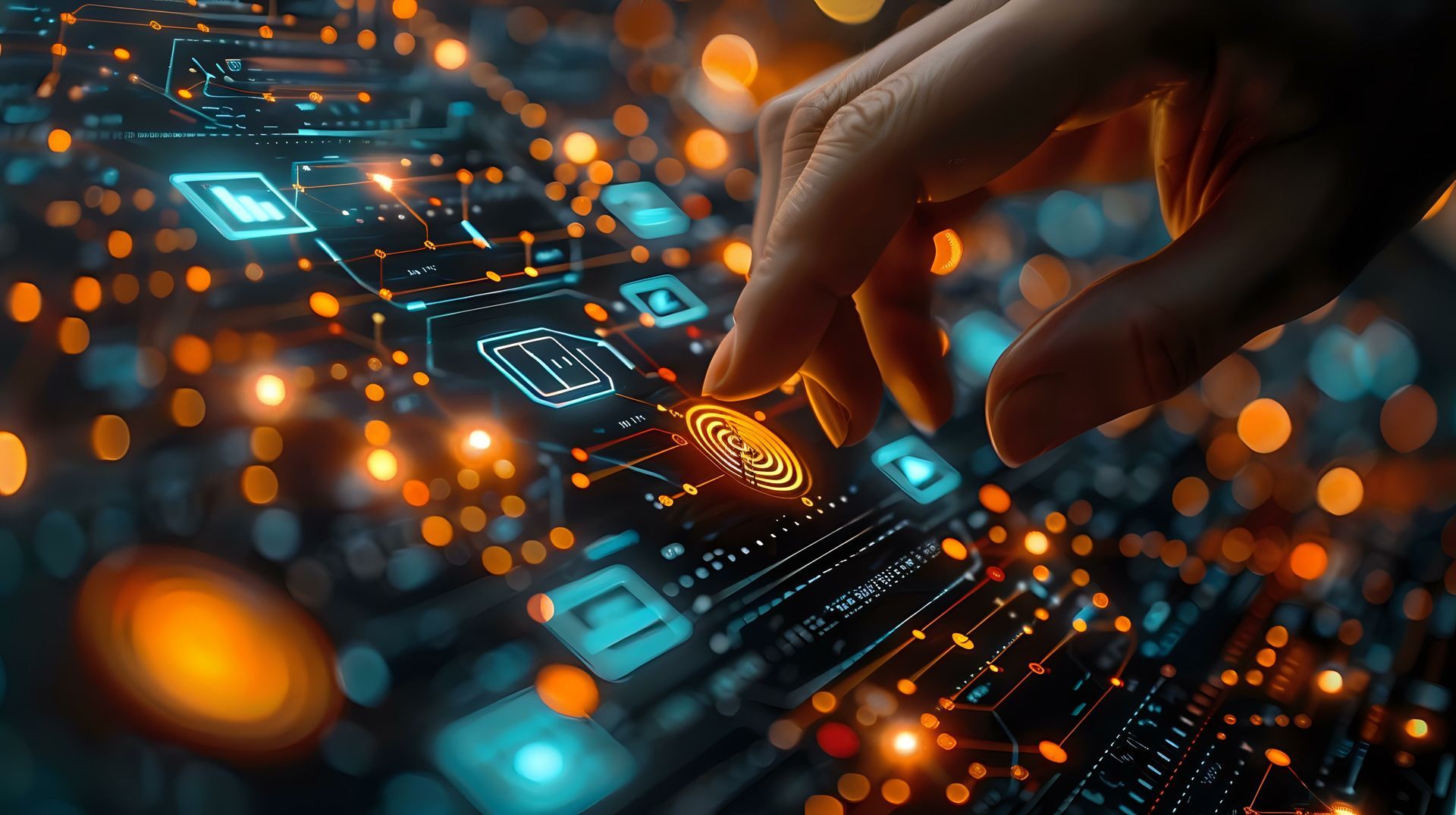 Hand interacting with glowing circuit board.