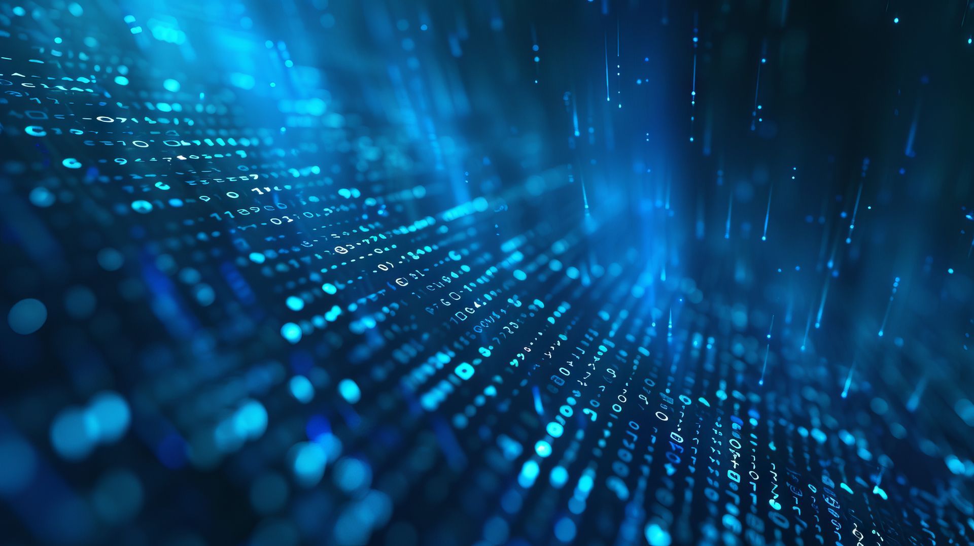 Blue abstract digital background with glowing dots and lines.