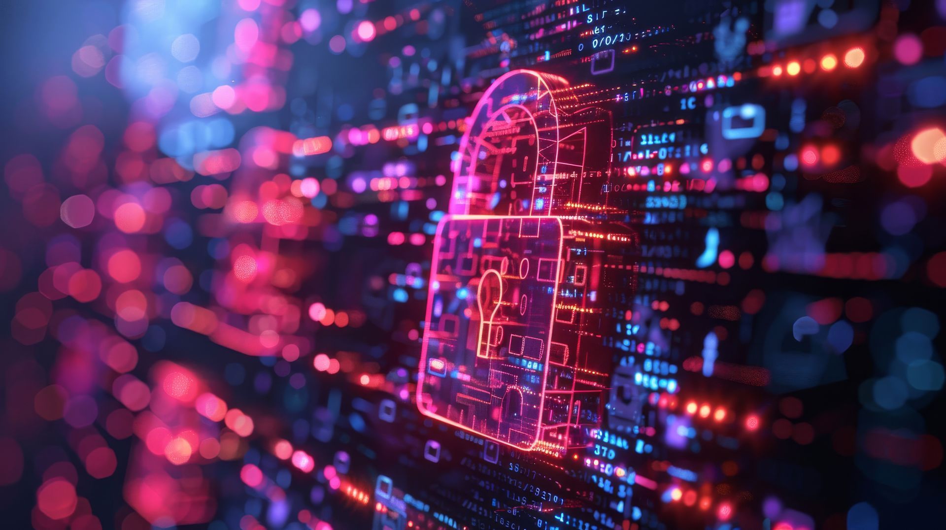 Glowing pink padlock overlaid on a digital circuit board background, representing cybersecurity.