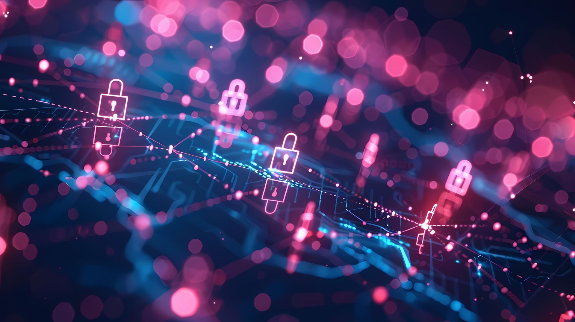 Abstract digital network with glowing pink and blue lights, padlocks symbolizing security.