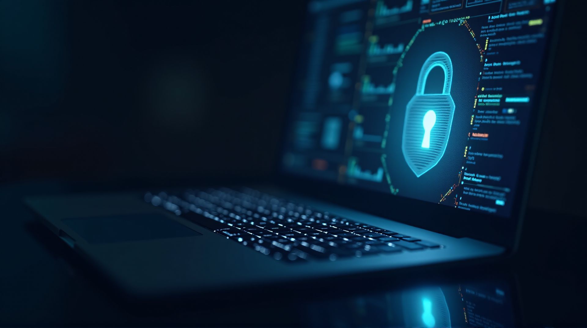 Laptop screen displaying a glowing lock icon, symbolizing cybersecurity in a dark setting.