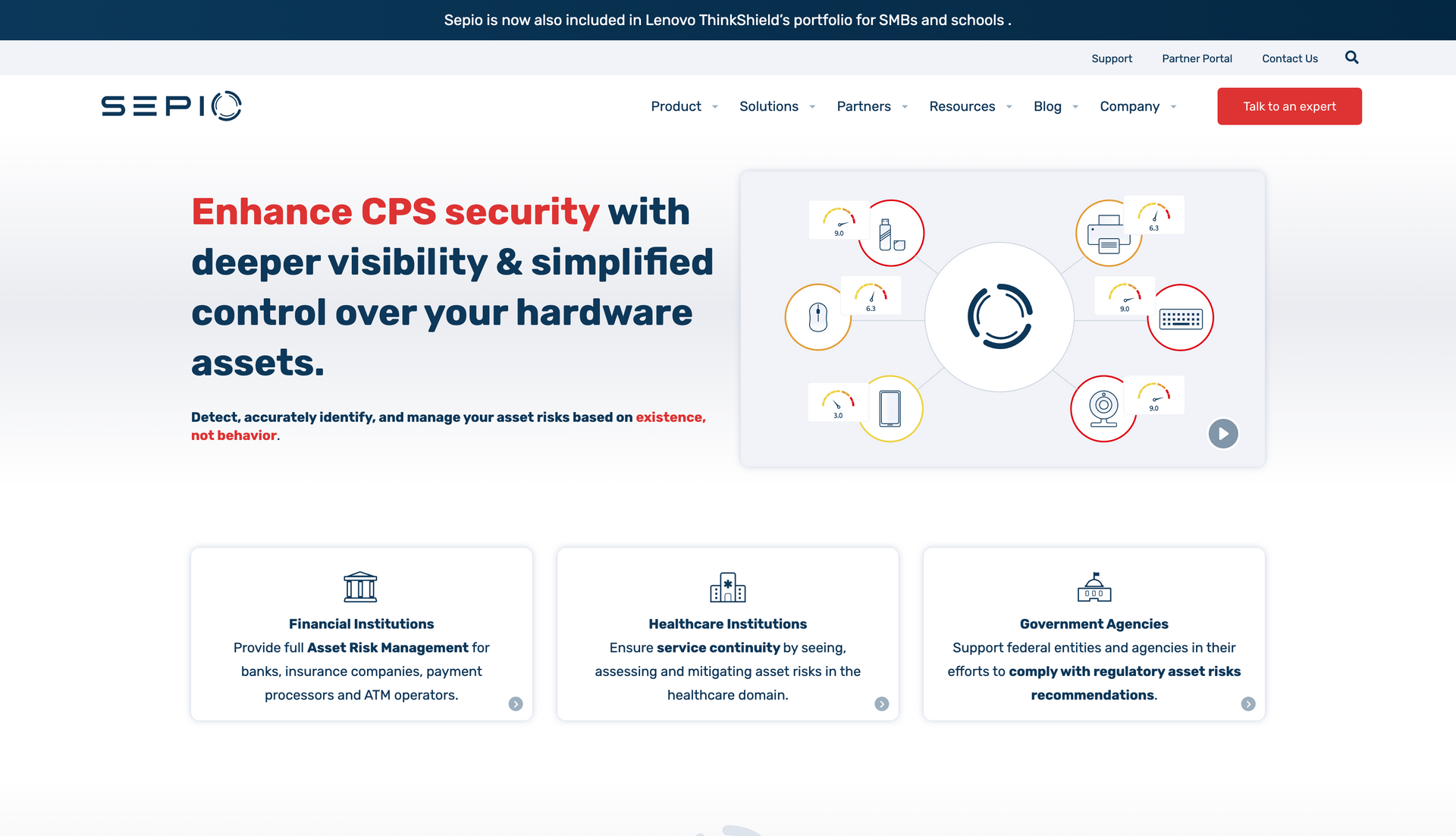SEPIO website, advertising enhanced CPS security through visibility and hardware control.