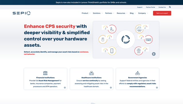 SEPIO website, advertising enhanced CPS security through visibility and hardware control.