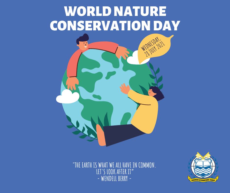 A poster for world nature conservation day with two people holding the earth.