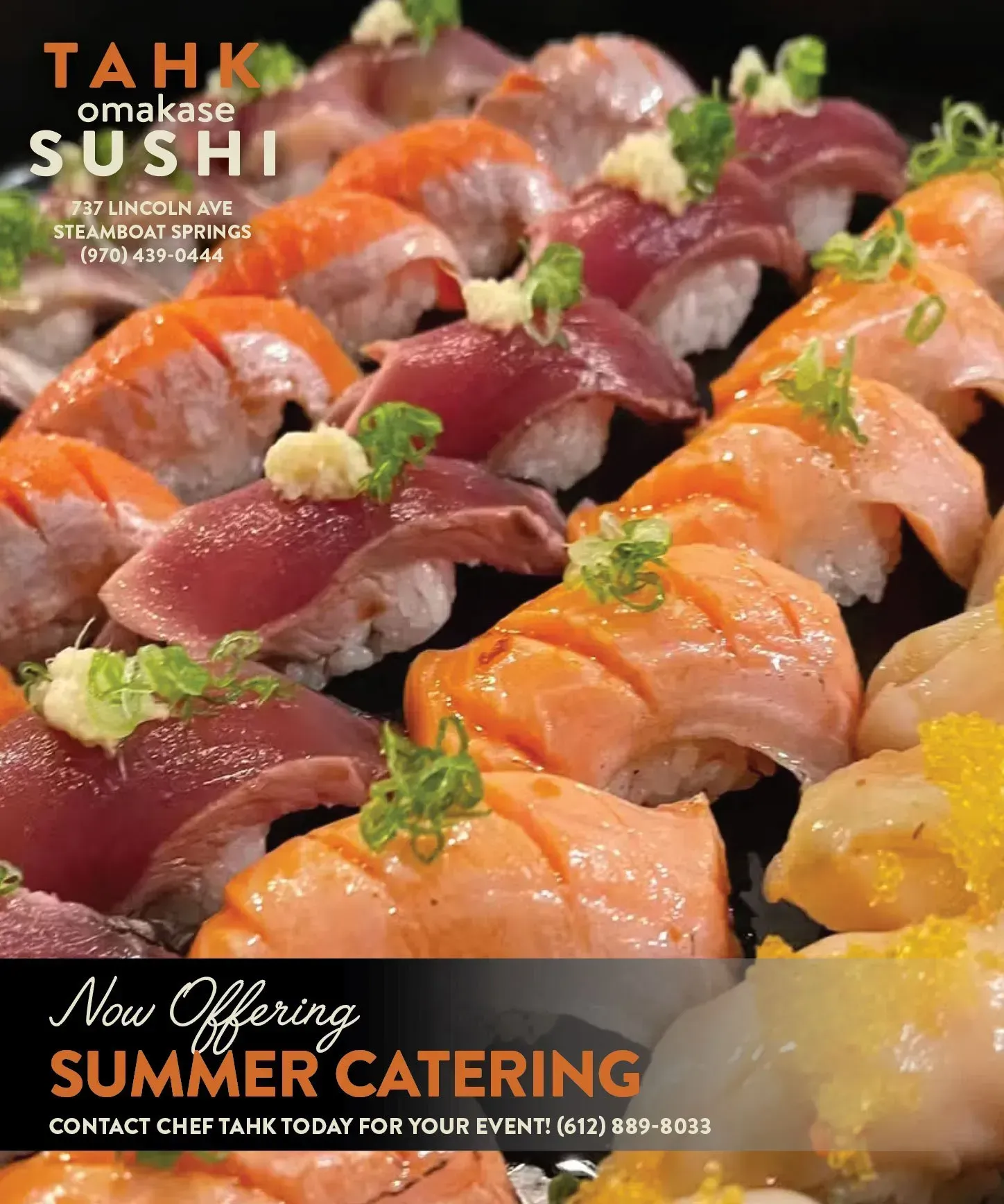 Tahk Omakase Sushi platter with assorted nigiri and “Summer Catering” promotion text