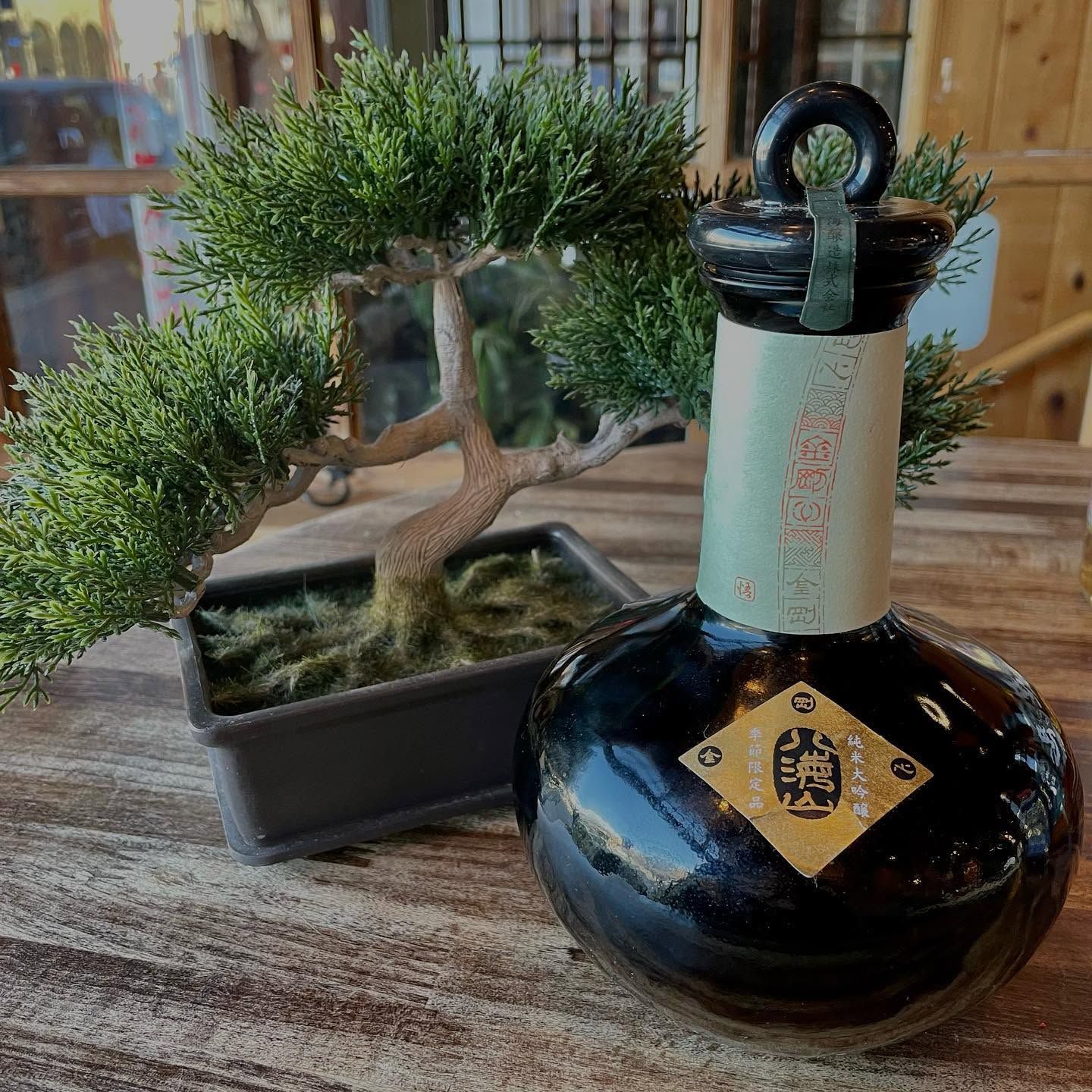 Small potted bonsai beside a glossy black decorative bottle on a wooden table.