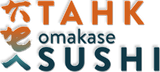 Takomakase Sushi logo with orange and blue text and Japanese characters