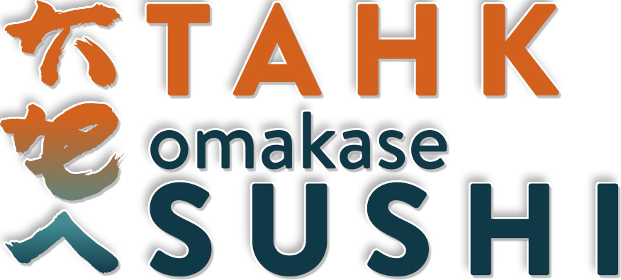 Takomakase Sushi logo with orange and blue text and Japanese characters