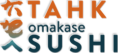 Takomakase Sushi logo with orange and blue text and Japanese characters