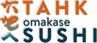 Takomakase Sushi logo with orange and blue text and Japanese characters