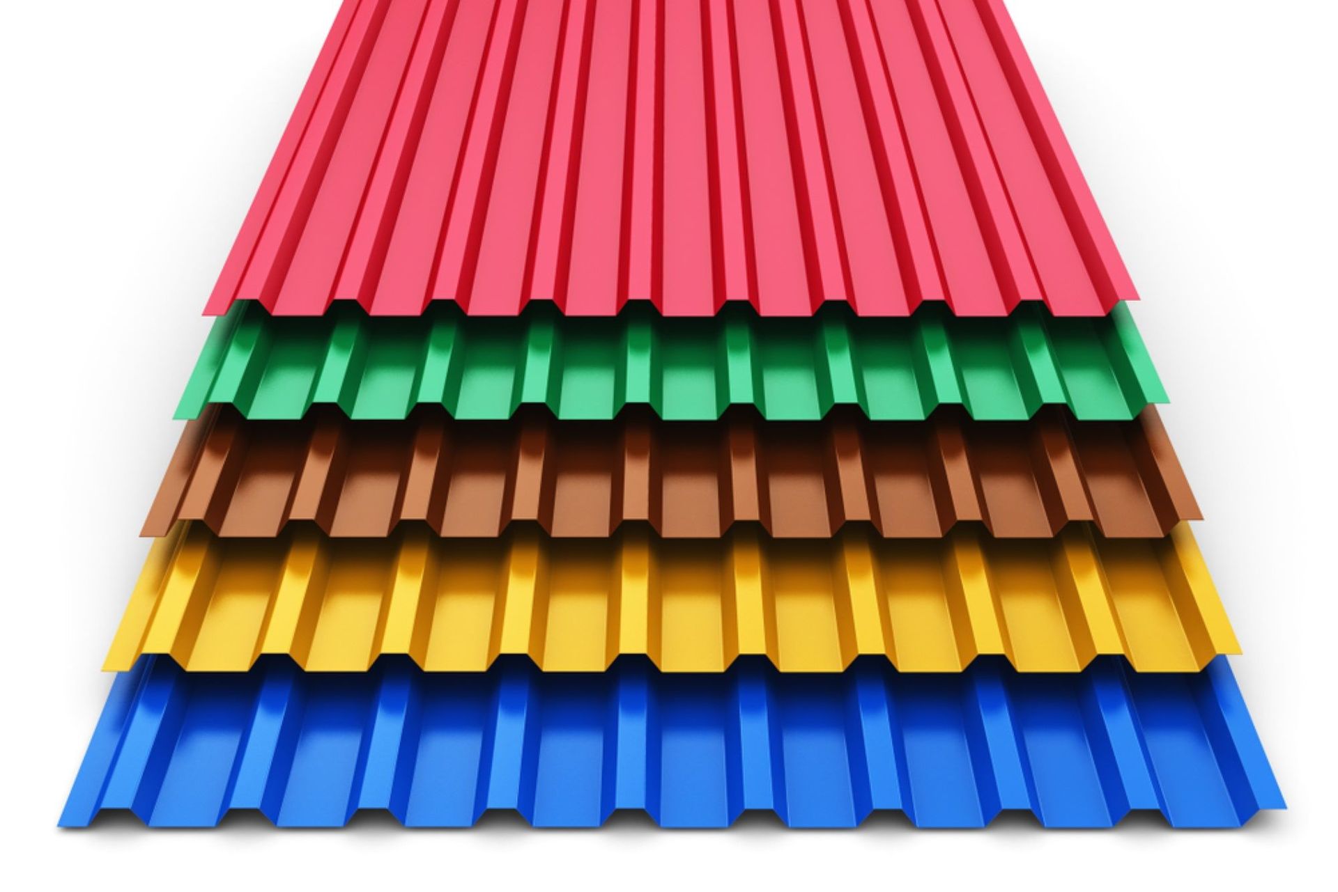 A Stack of Different Colored Metal Roofing Sheets on a White Background — Cairns Roofing Contractors Pty Ltd in Bungalow, QLD