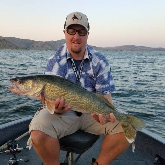 man captures walleye fish