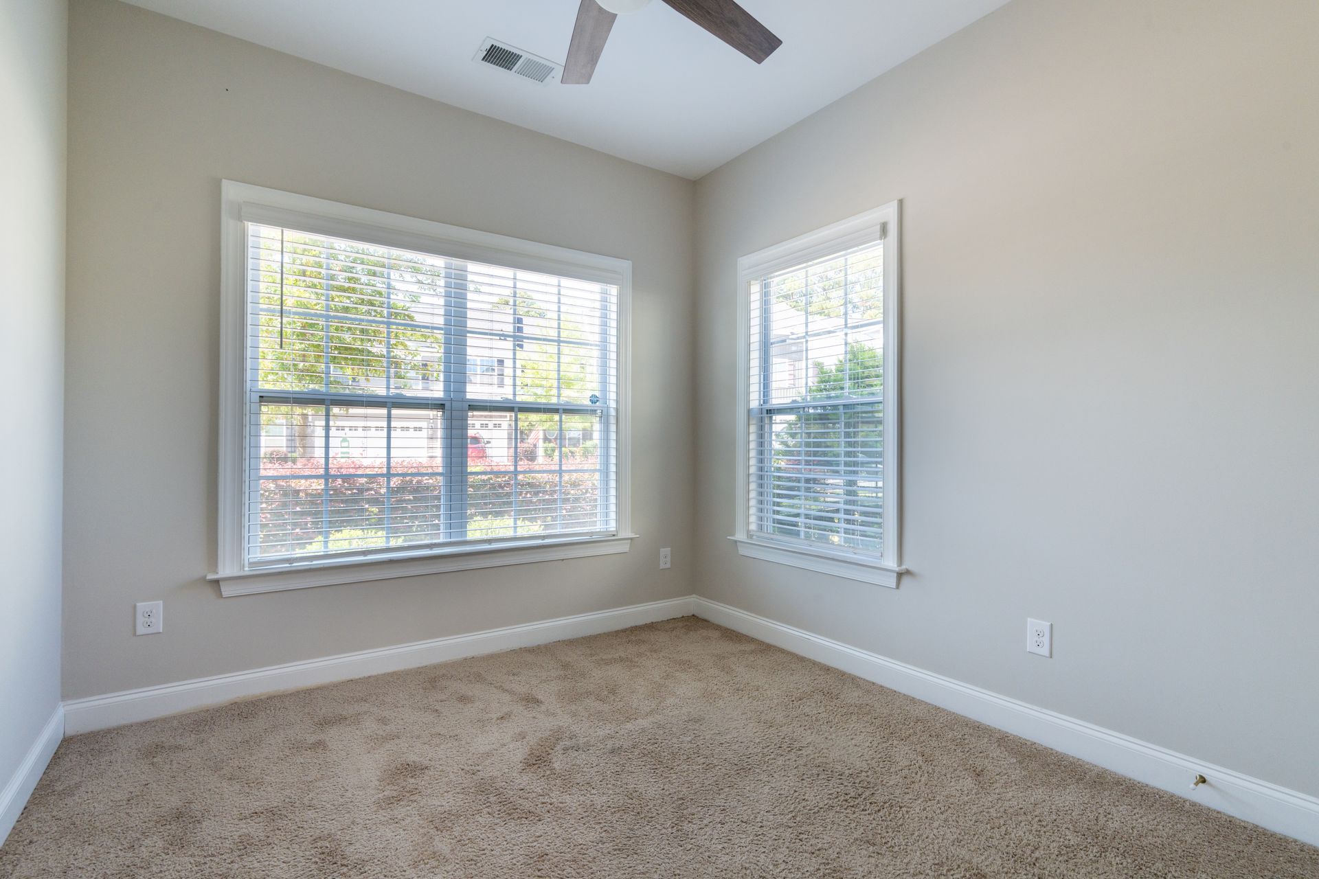 Empty room with beige carpet, two windows, and a ceiling fan.