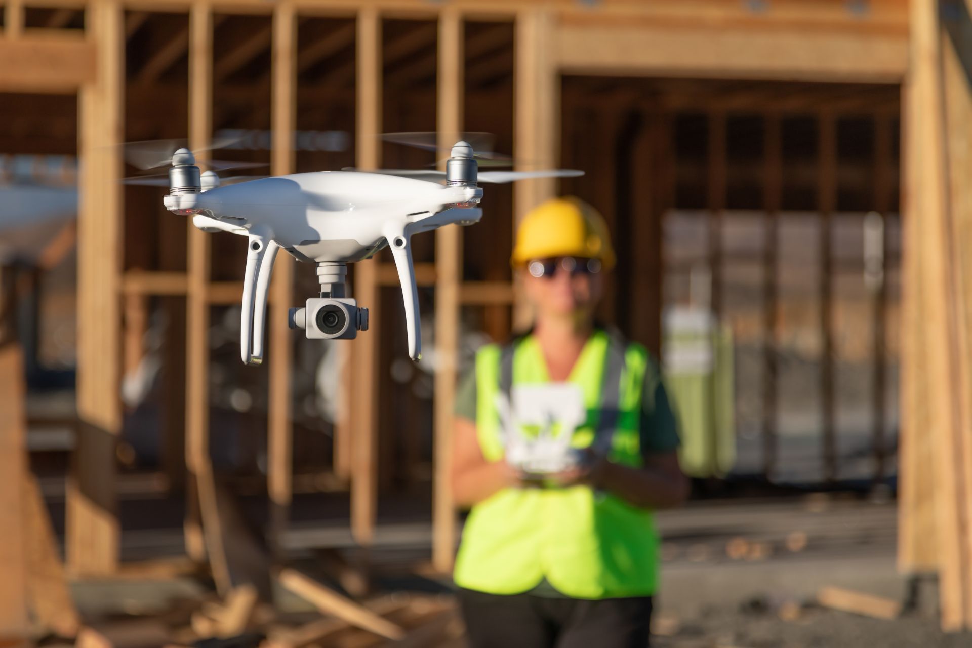 Drone hovering at construction site, controlled by woman in safety gear.